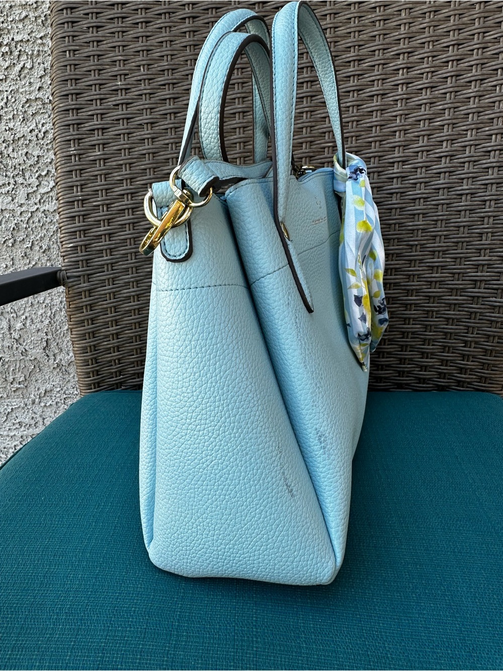 Nanette Lepore Light Blue Pebbled Leather Satchel with Floral Scarf 12X9” Pretty - Picture 6 of 16